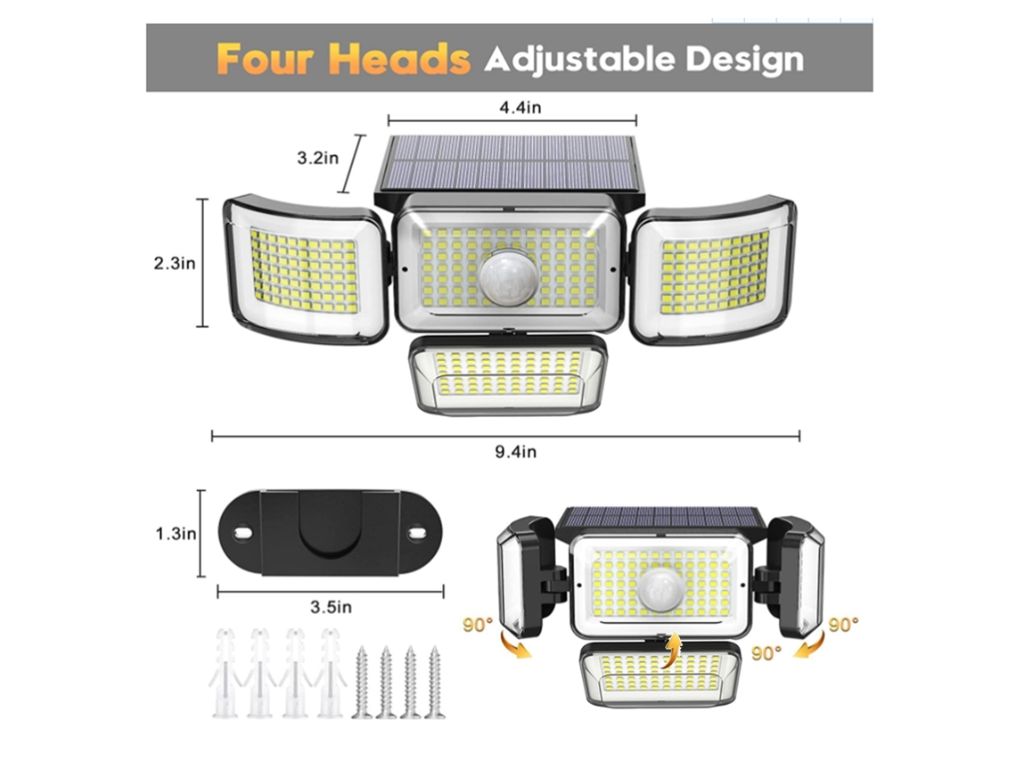 Luces Solares Para Exteriores Con 288 Led, Sensor De Movimiento, 4 Cabezales Ajustables, Resistencia Al Agua Ip65.