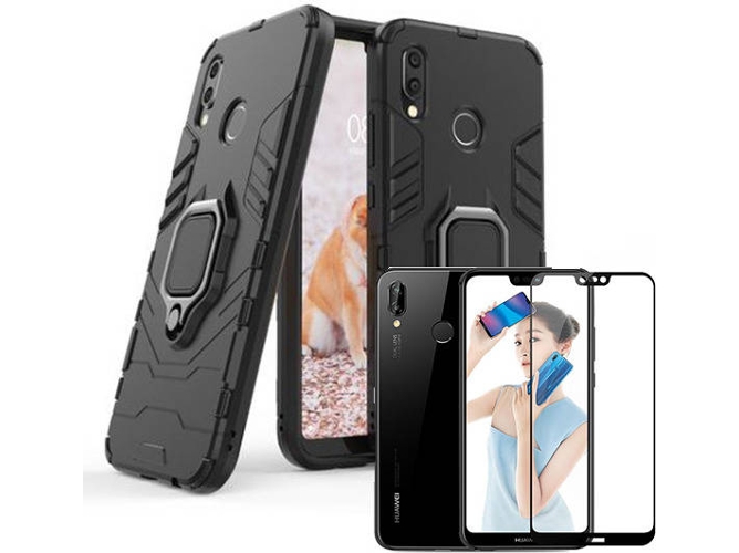 Kit Carcasa y Protector Cristal 5D Huawei P20 Lite Military Defender Negro