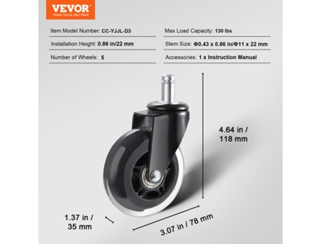 VEVOR Silla de Oficina con 5 Ruedas Giratorias de 3 pulgadas