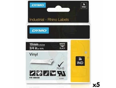Cinta Laminada para Rotuladoras Rhino DYMO ID1-19 19 x 5,5 mm Negro Poliéster Blanco Autoadhesivas (5 Unidades)