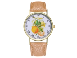 Reloj De Pulsera De Piel Con Estampado De Frutas, Estilo Casual Unisex, Movimiento De Cuarzo, Color Beige.