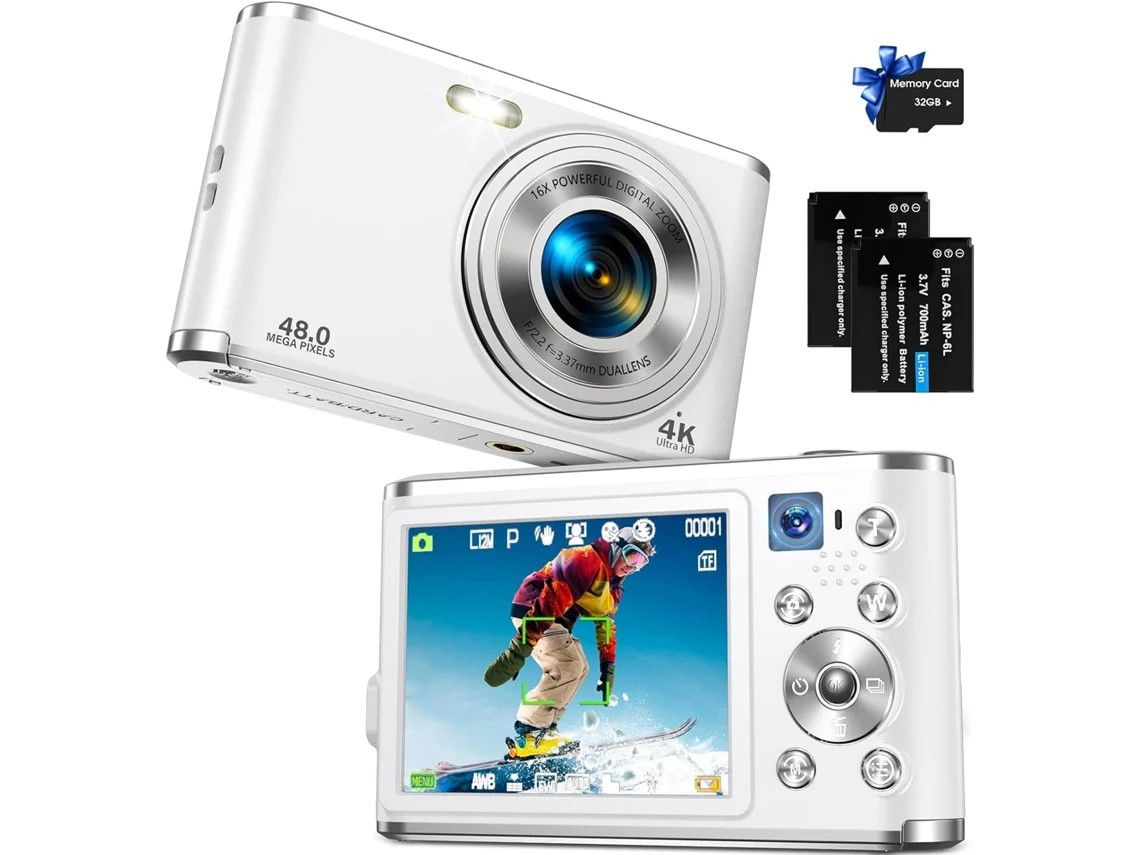 Cámara digital FHD 4K 48MP con enfoque automático Cámara dual Zoom digital 16x con tarjeta de 32GB para niños, niñas y adolescentes (BLANCO) BISBISOUS