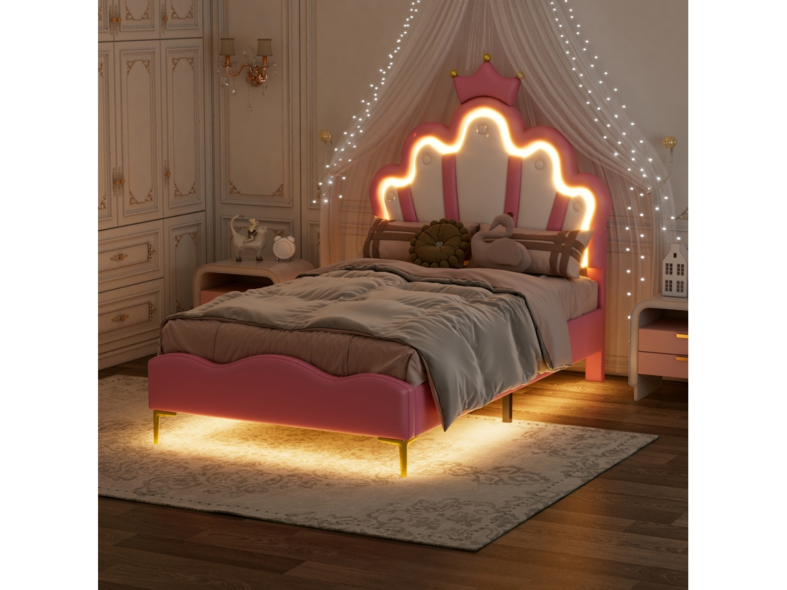 Cama infantil de 90 x 200 cm con luces LED, temática princesa, con coronas, cama individual para niñas, en piel sintética, color rosa Rosahqnda