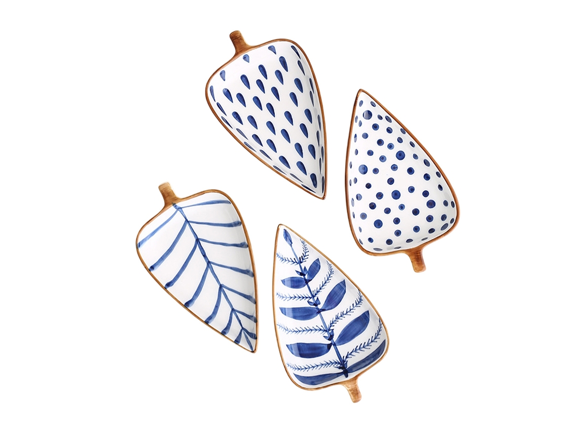 Platos pequeños de cerámica para aperitivos con diseño de hojas (4 piezas) para aperitivos, salsas, postres y condimentos.