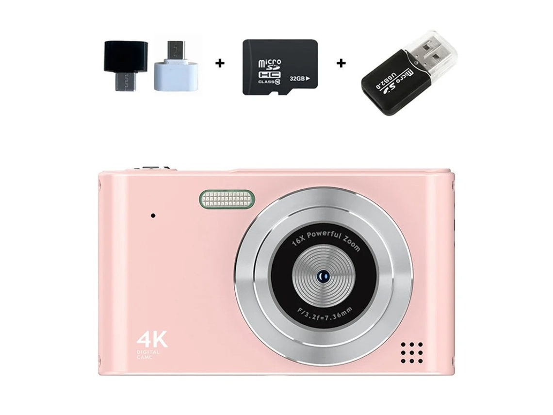 Mini cámara compacta UHD 4K, cámara digital, enfoque automático, zoom 16x, 32 g, rosa, Yizhood