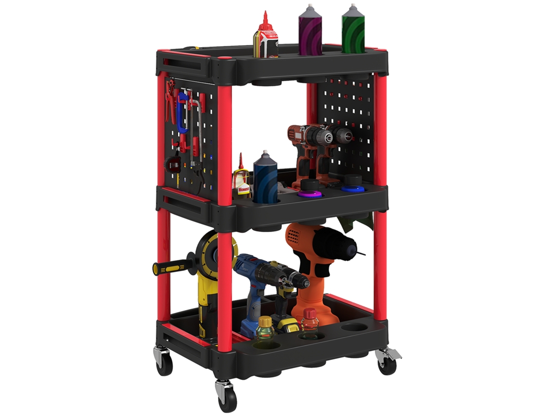 Tool Boxes-carro De Herramientas, Tres Estantes, 4 Ruedas, Plástico, 10 Ganchos, Rojo