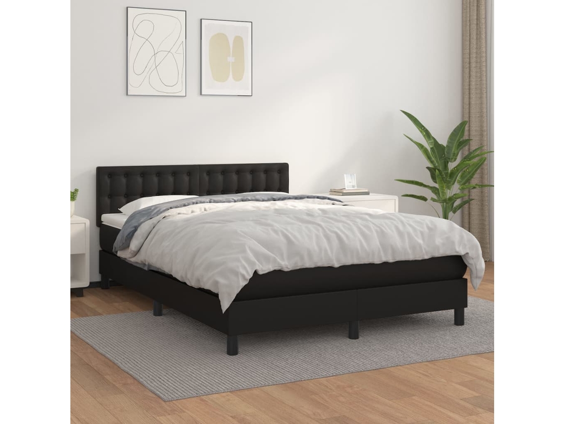 Cama box spring con colchón cuero sintético negro 140x200cm