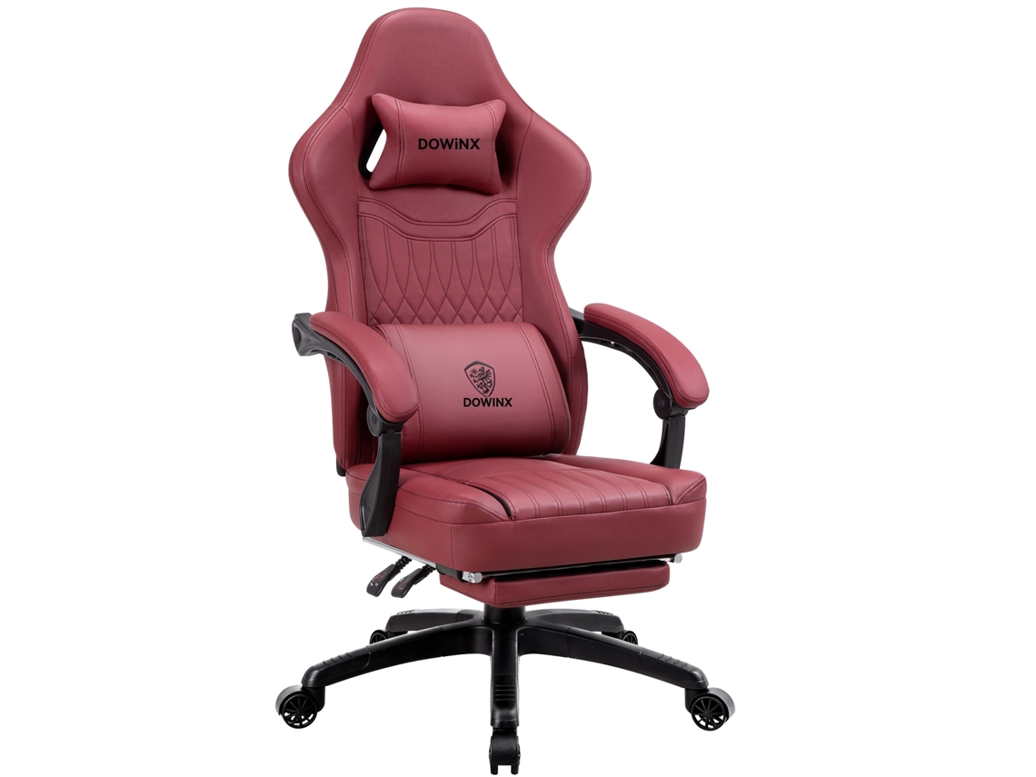 Silla ergonómica para juegos con masaje lumbar, cojín de resortes independiente, reposapiés integrado y piel sintética transpirable (rojo)
