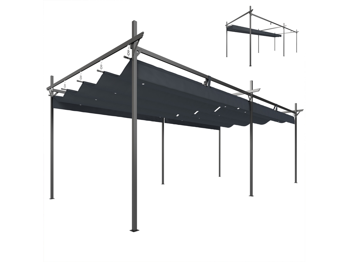 Pérgola De Jardín 6x3 M Gazebo Con Techo Retráctil De Poliéster Resistente A Los Rayos Uv Gris Oscuro