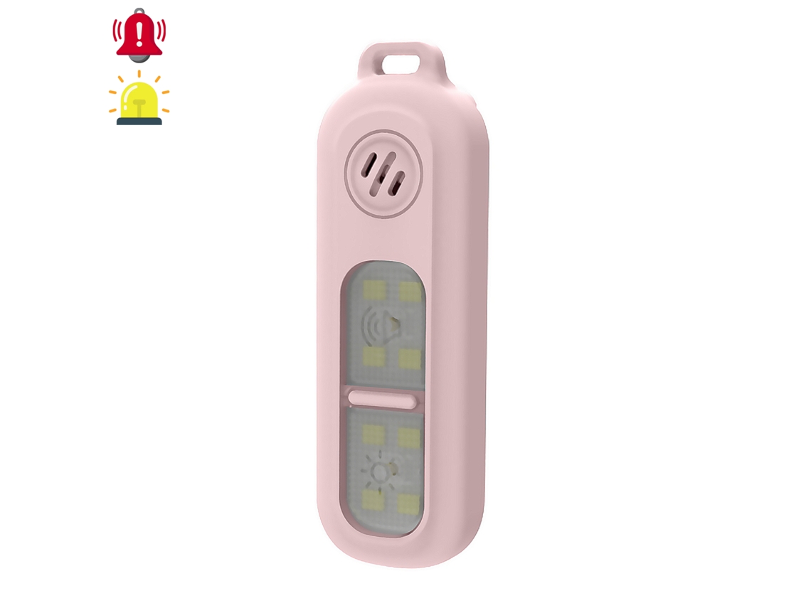 Alarma SOS personal con luz LED blanca, roja y azul brillante, sonido de 130 dB. Batería recargable y activación rápida por presión.