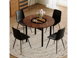 Conjunto Mesa Redonda 100 Cm - Con 4 Sillas De Pu Negro Y Cajón Integrado - Marrón+negro