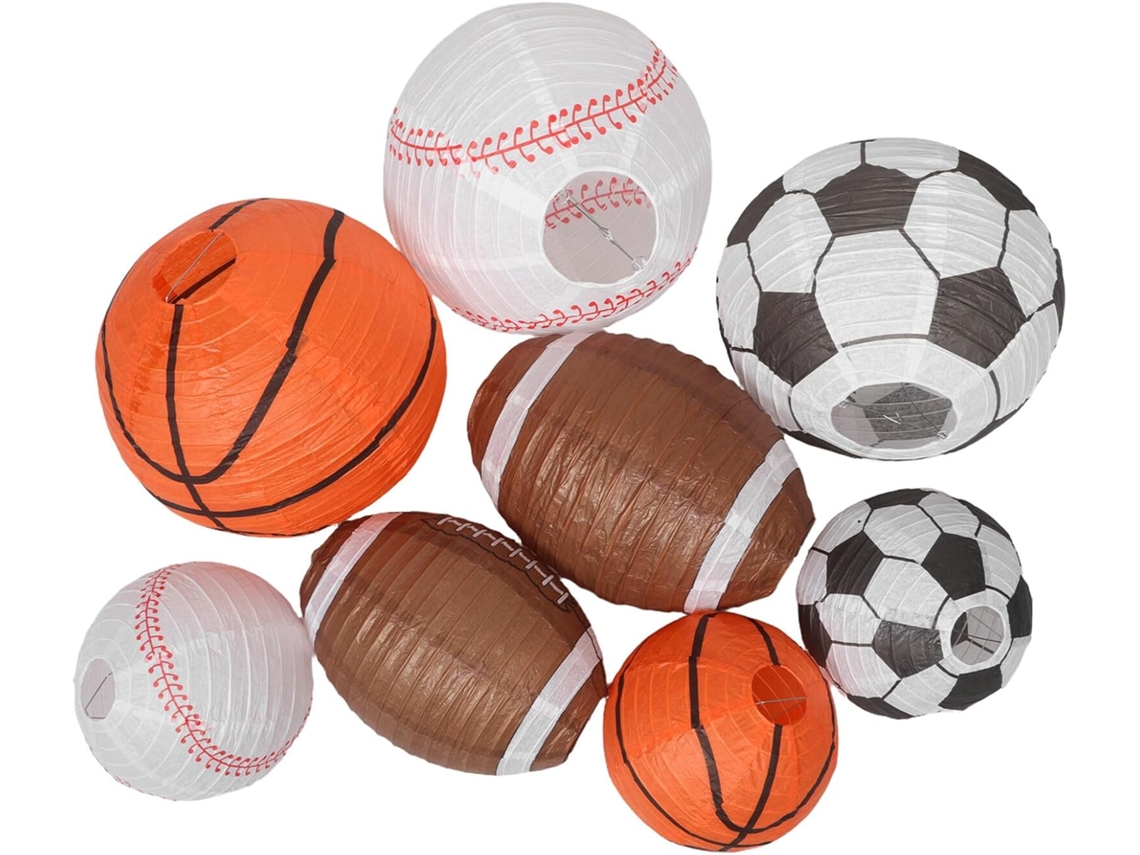 Juego De 8 Farolillos De Papel Deportivos Con Diseños De Baloncesto, Fútbol Americano Y Béisbol.