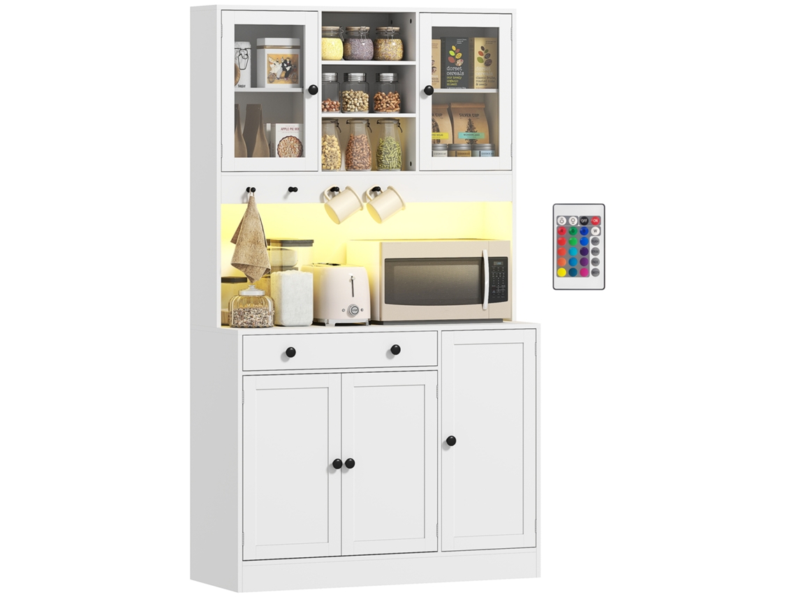 Mueble De Almacenamiento Con Iluminación Led, Armarios Y Cajón, Puertas De Cristal, Mando A Distancia Incluido, Color Blanco.