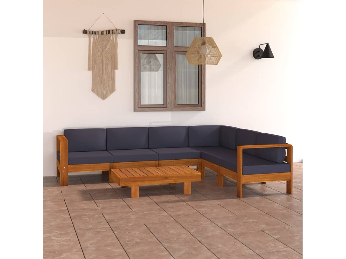 Conjunto 7 Peças Lounge De Jardim C/ Almofadões Cinza Escuro Acacia Dkd Home Decor