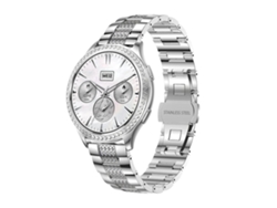 Reloj inteligente con llamadas Bluetooth, múltiples modos deportivos y detalles de diamantes plateados.