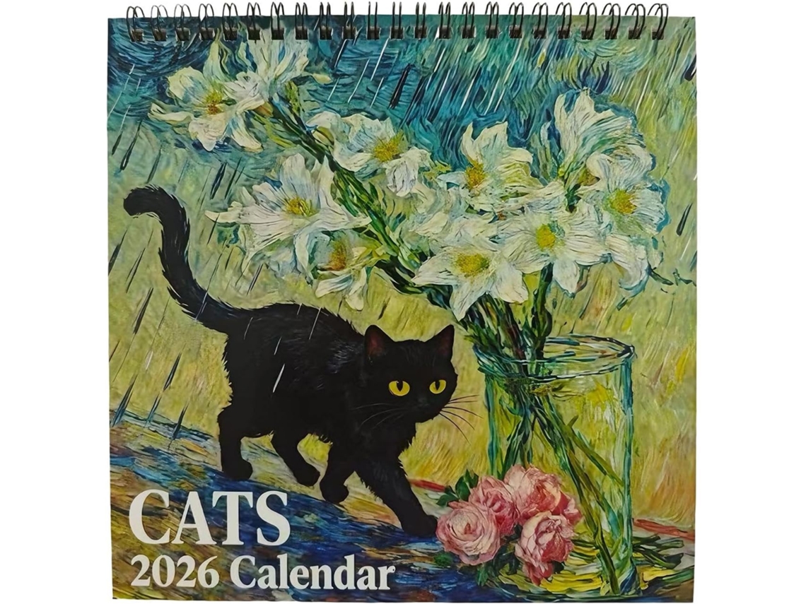 Agenda mensual de enero a diciembre, con temática de gatos y amplios espacios para fechas, Calendario de gatos 2026