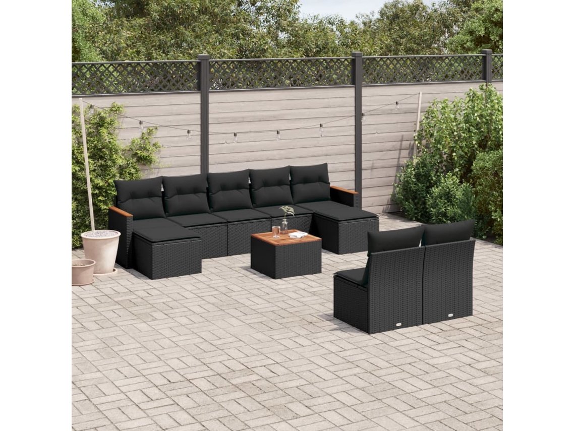 Conjunto de sofá de jardín de 10 piezas con cojines en mimbre sintético negro de DKD Home Decor