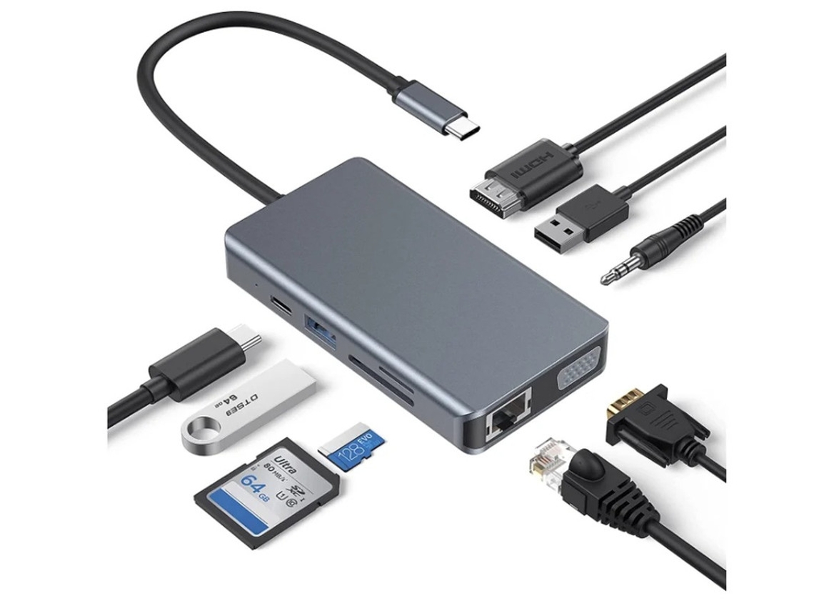 Adaptador multipuerto USB C Hub USB C 9 en 1 con USB 3.0 4K Hdmi 100W Pd Carga Lector de tarjetas SD/Tf Gris YIZHOOD