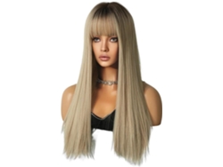 Peluca para cosplay, cabello rubio champán con reflejos castaños, 64 cm, estilo europeo y americano, cabello largo y liso. SFUSHOS