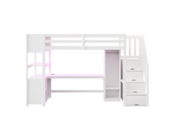Cama Alta 90x200 - Armario, Escritorio, Escalera Con Almacenaje, Led Y Enchufes - Blanca