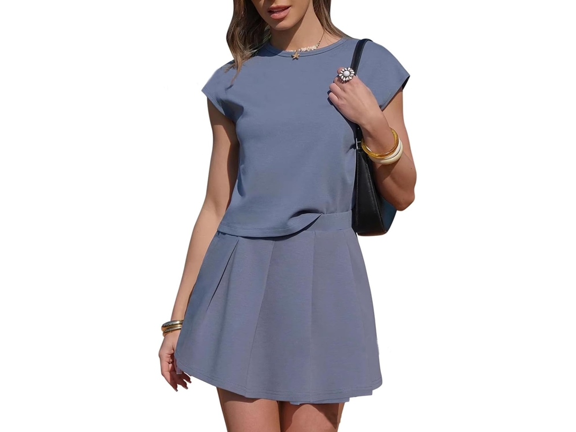 Conjunto de Duas Peças Feminino, Saia de Tênis, Look Casual em Algodão, Mangas Capa, Blusa Plissada, Saia Plis