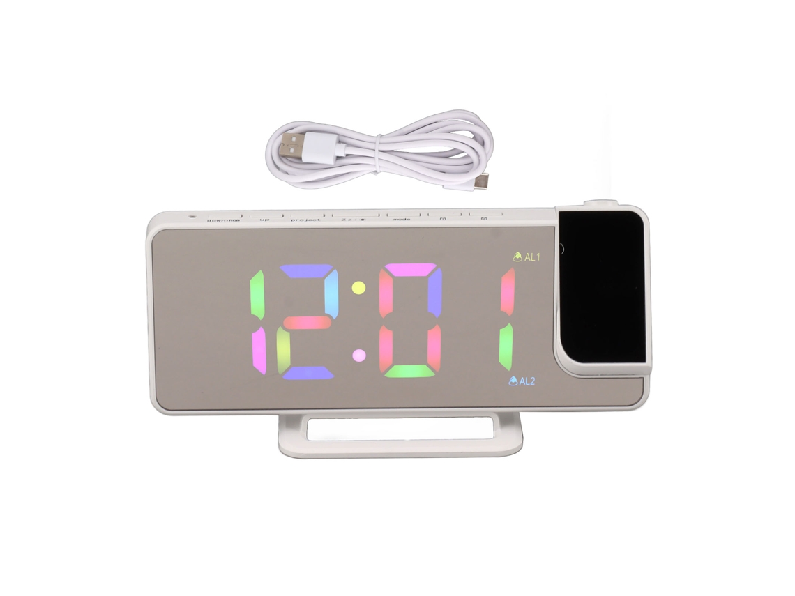 Proyector digital LED RGB Baok-reloz con espejo grande y alarma electrónica de sobremesa blanca