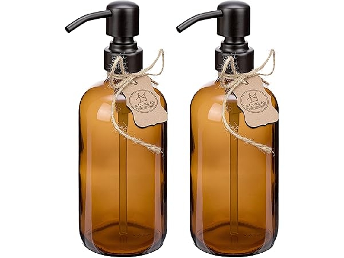 Dispensador De Jabón Líquido: Incluye 2 Botellas De Vidrio Marrón Y Cabezal De Bomba De Acero Inoxidable 304 Negro Mate. Para Uso Doméstico.
