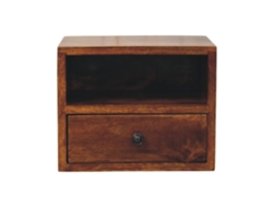 Mesita de noche de madera maciza de pared con 1 cajón y compartimento abierto, color castaño oscuro, ARTISAN FURNITURE EST 1995 TM