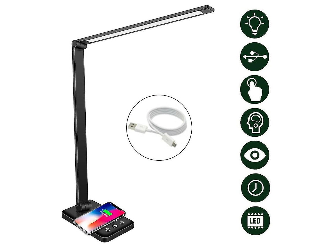 Lámpara de escritorio de carga inalámbrica, negra, de bajo consumo con puerto de carga USB, diseño portátil y plegable para oficina.