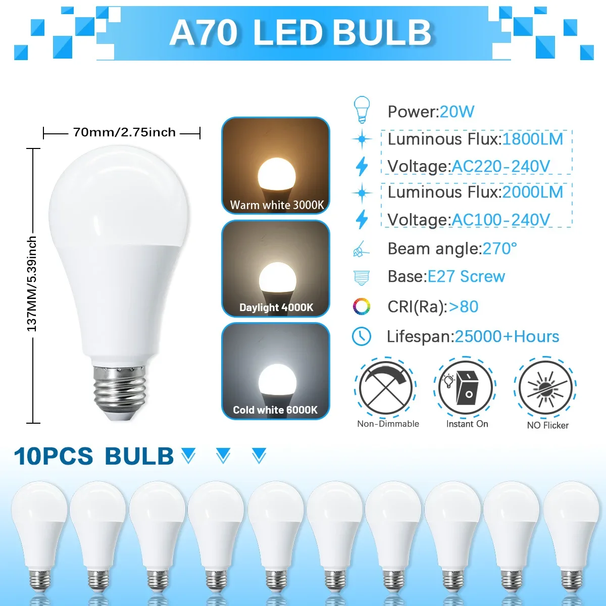 (10 Unidades, Luz Natural 4000k) Bombilla A70 Led, Sin Estroboscópio, Índice De Reproducción De Color Cri80+, Ideal Para Dormitorio, Vestíbulo, Etc.