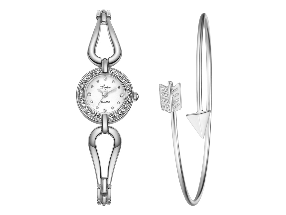 Reloj De Pulsera De Cuarzo Informal Para Mujer Con Brazalete De Diamantes De Imitación, Esfera Redonda, Color Blanco Plateado.
