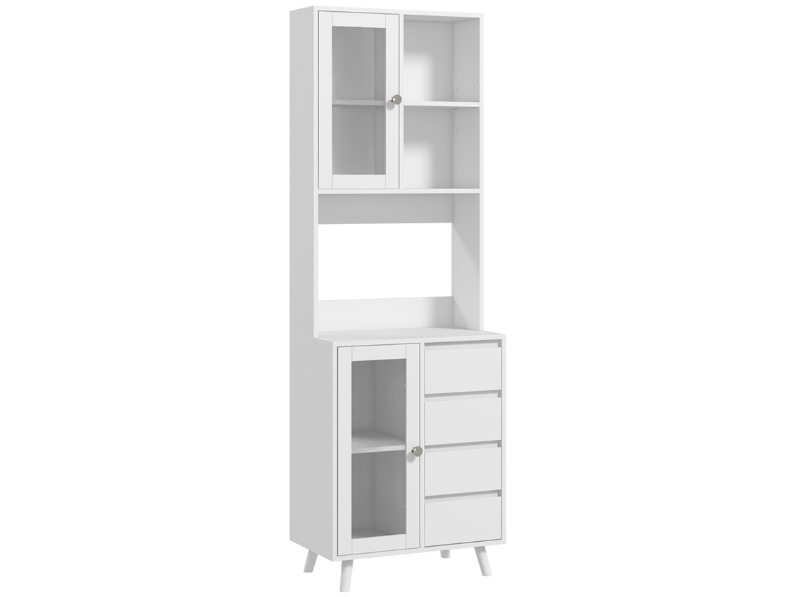 Aparador de Cozinha com 2 Portas de Vidro, Compartimentos, 4 Gavetas e Prateleiras Ajustáveis, 60x35x180 Cm, Branco ZENCORE SERVICES