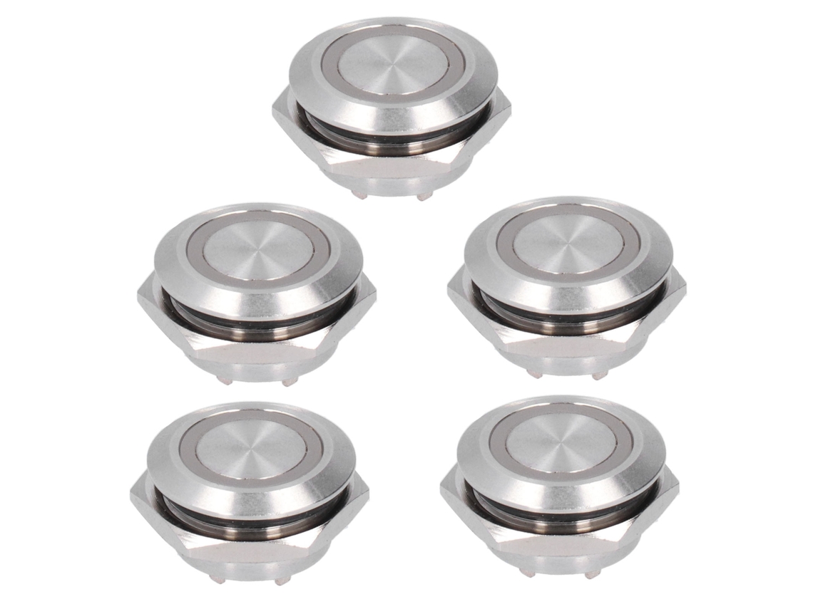 5 pulsadores momentáneos de metal con LED, 19 mm, CC 3-6 V, color blanco, reinicio automático, impermeables, ultrafinos.