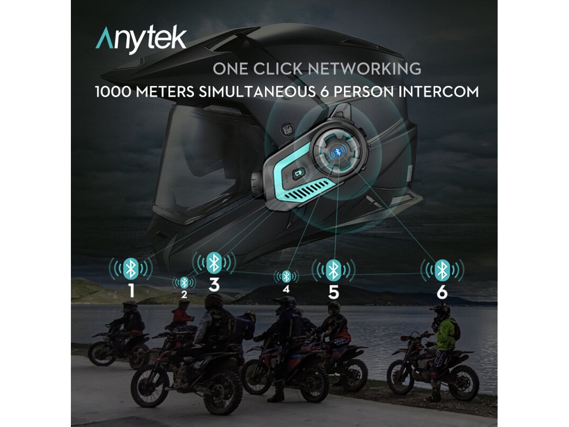 Anytek 6 Group Talk Intercomunicador de voz para motocicleta Dash Cam Grabadora Casco Bluetooth Wifi Cámara deportiva Moto Motor Auto DVR Auriculares