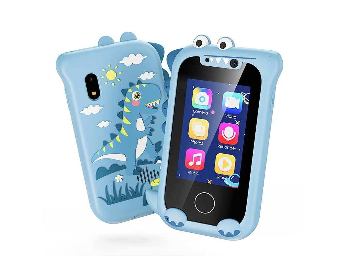 (azul) Juguete infantil en forma de celular con dos cámaras, reproductor de música, juegos y pantalla táctil.
