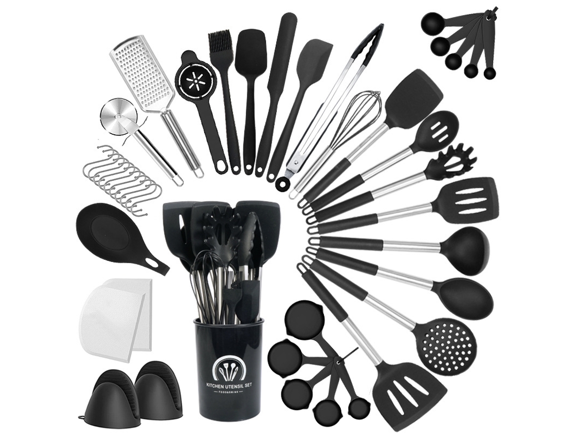 Utensilios de cocina de silicona de 43 piezas con mango de acero inoxidable, juego negro, chrui