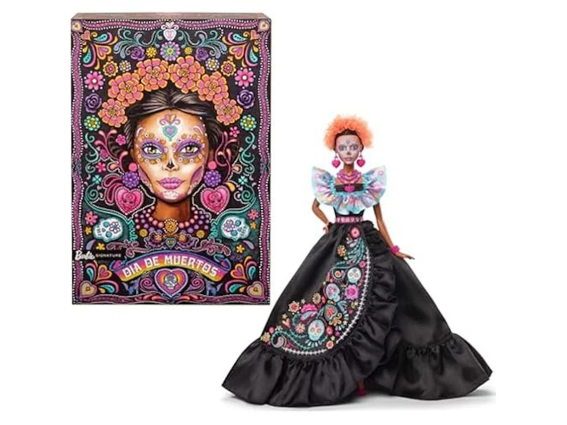 Muñeca Barbie coleccionable exclusiva del Día de Muertos 2024 con vestido negro, top azul con volantes, estampado bordado y Barbie