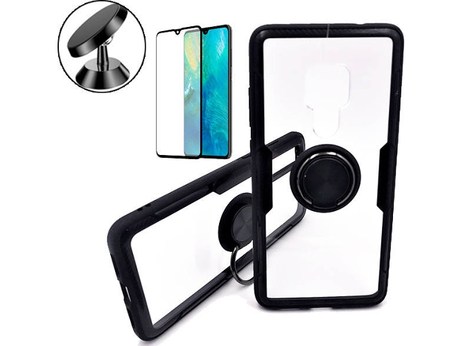 Kit Carcasa, Protector Cristal 5D y Soporte Magnetico Auto Huawei Mate 20 Clear Armor Transparente
