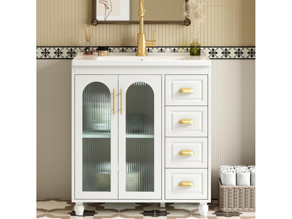 Mueble de Baño con Lavabo Cerámico, 2 Puertas y 4 Cajones, Estilo Blanco (grifo no incluido)