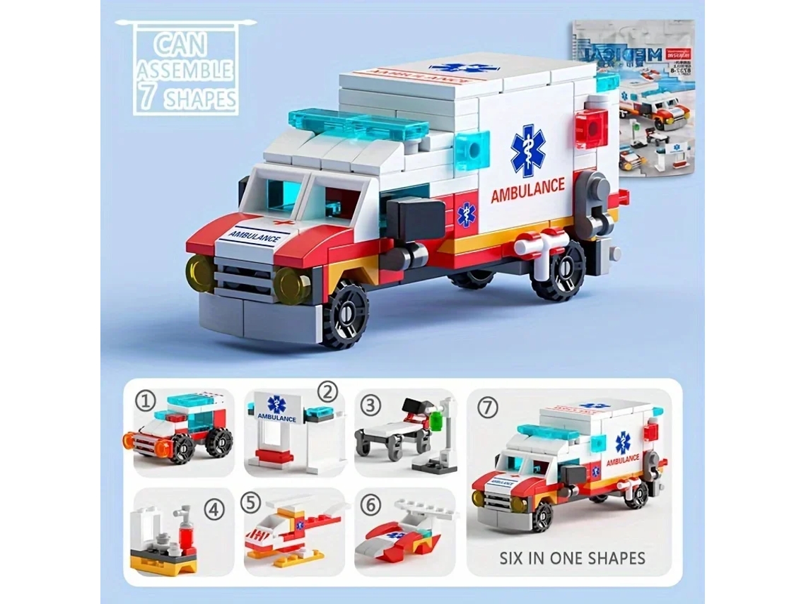 Minibloques de construcción 6 en 1: coche de policía, camión de bomberos y castillo. Kit de construcción DIY. Juguetes educativos para niños. Viewleaf