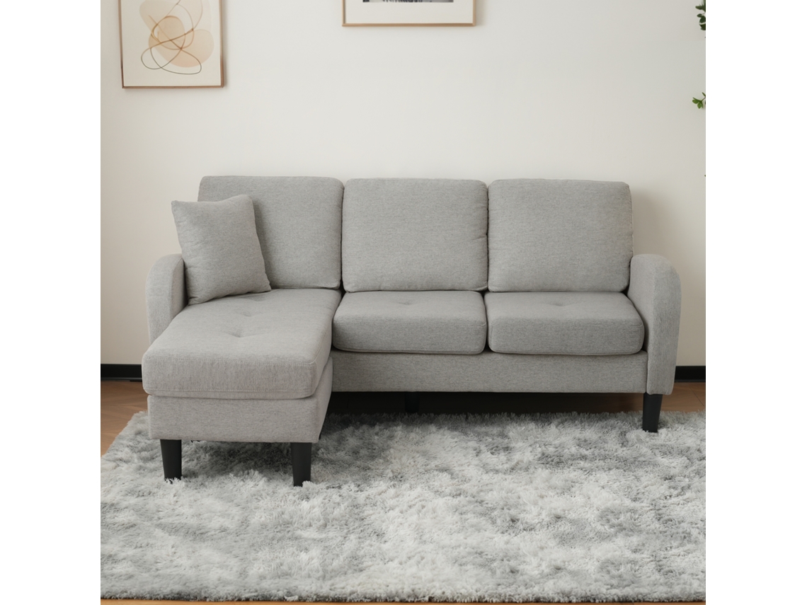 Sofá esquinero de 3 plazas Mobrio con chaise longue, tejido de algodón y lino gris