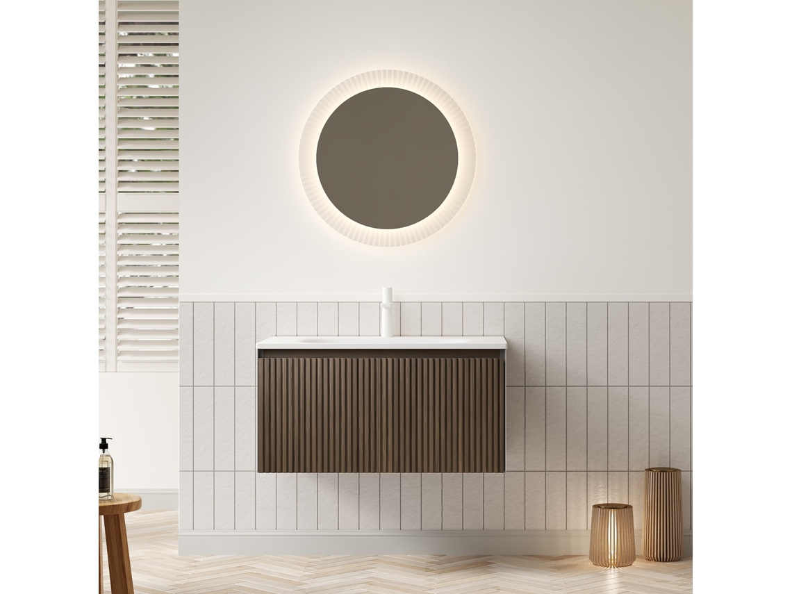 Mueble De Lavabo Loji 80 Cm De Pared Con Lavabo Blanco De Resina, 1 Cajón, Acabado Roble Marrón, Premontado
