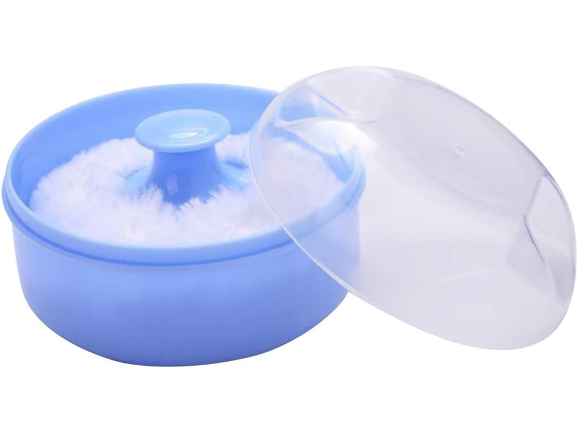 Caja de polvos corporales para después del baño, contenedor vacío de polvos y esponjas, estuche de cosméticos para el hogar y viajes (azul)