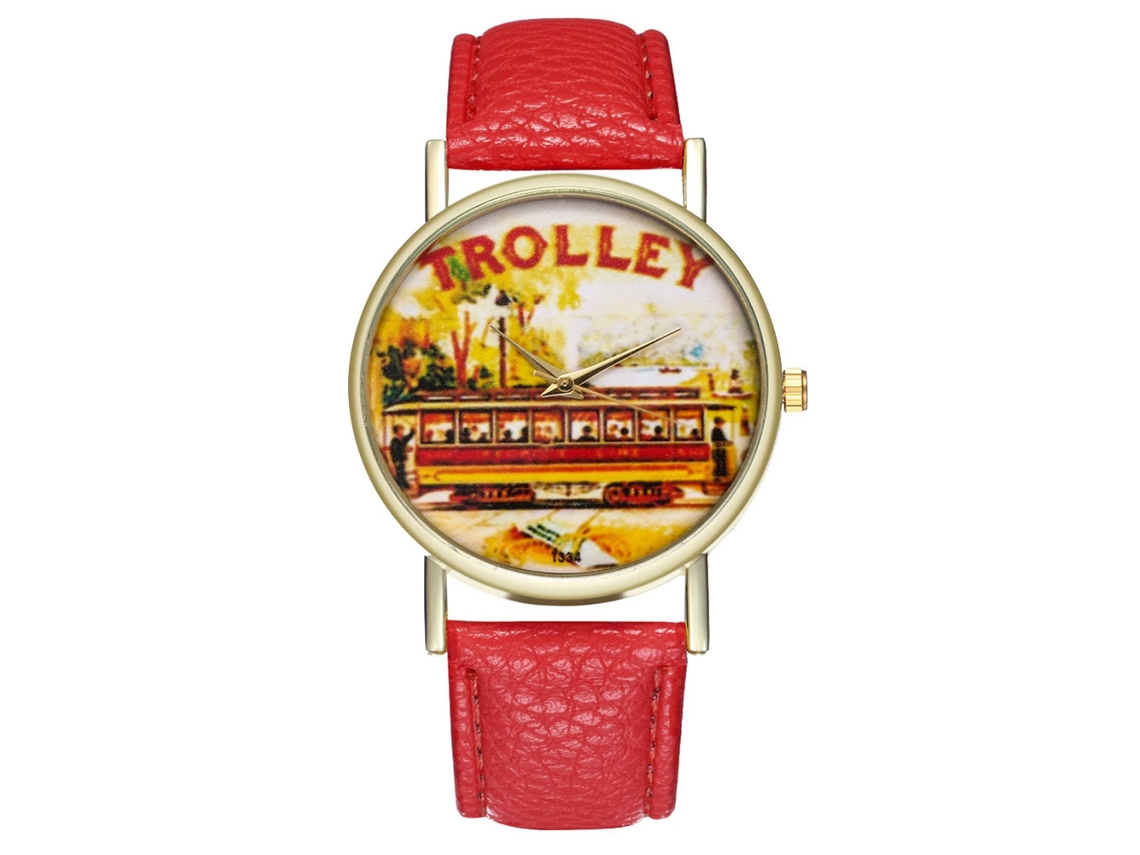 Reloj De Pulsera Unisex De Cuarzo Con Correa Pu Dial Redondo Patrón Trolley (rojo)