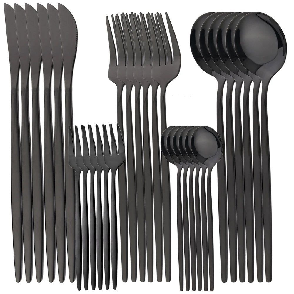 Juego de cubiertos de acero inoxidable de 30 piezas, que incluye cuchillo, tenedor, cuchara y plato. MDUG (negro)