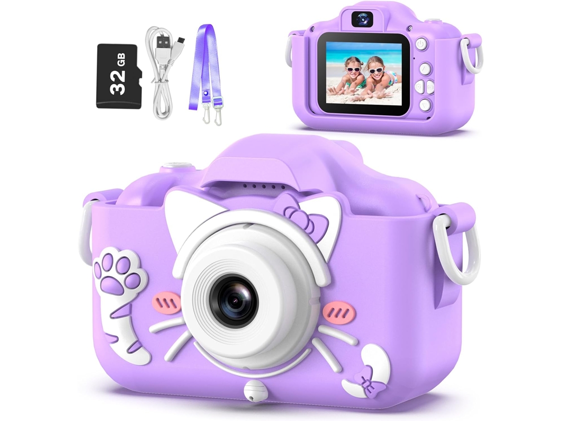 Cámara de vídeo digital para niños Siurn con tarjeta SD de 32 g y estuche blando morado