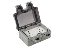 Enchufe Exterior Impermeable Con 2 Tomas De 3 Orificios Y 2 Interruptores.
