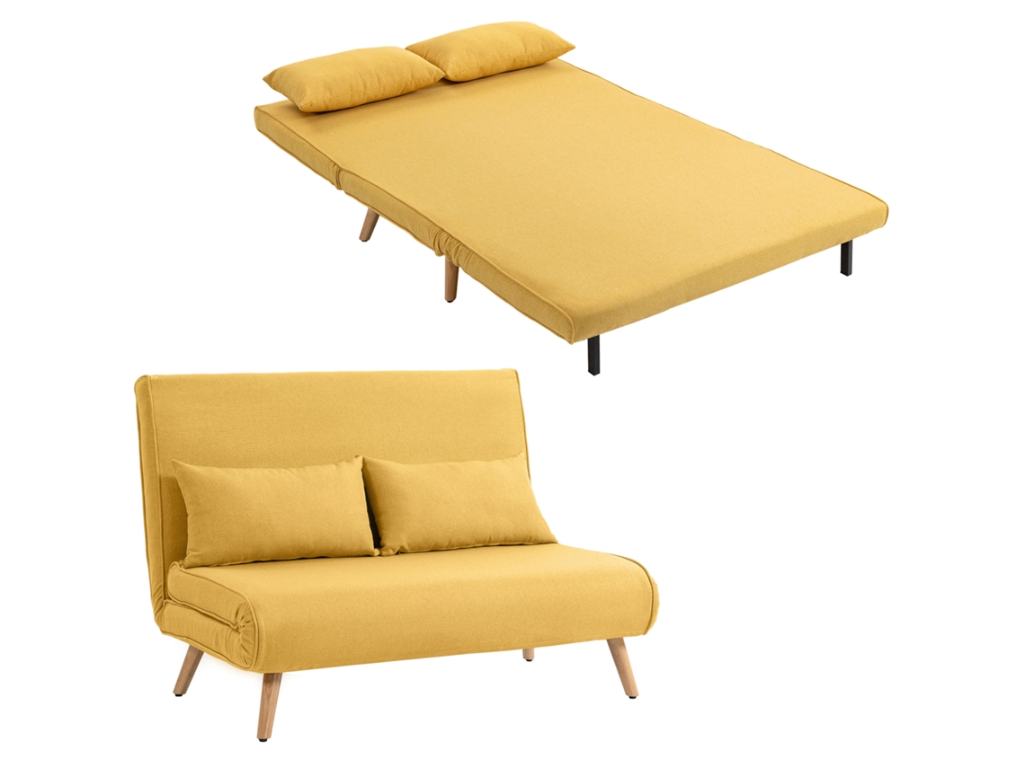 Sofá Cama De 2 Plazas Plegable Sofá Cama Tapizado En Lino Con Respaldo Ajustable 5 Posiciones 2 Almohadas Amarillo