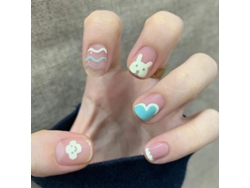 Uñas Postizas Cortas Rosas Removibles Para Hacer Tú Misma Con Nubes, Conejos Y Corazones - 24 Piezas