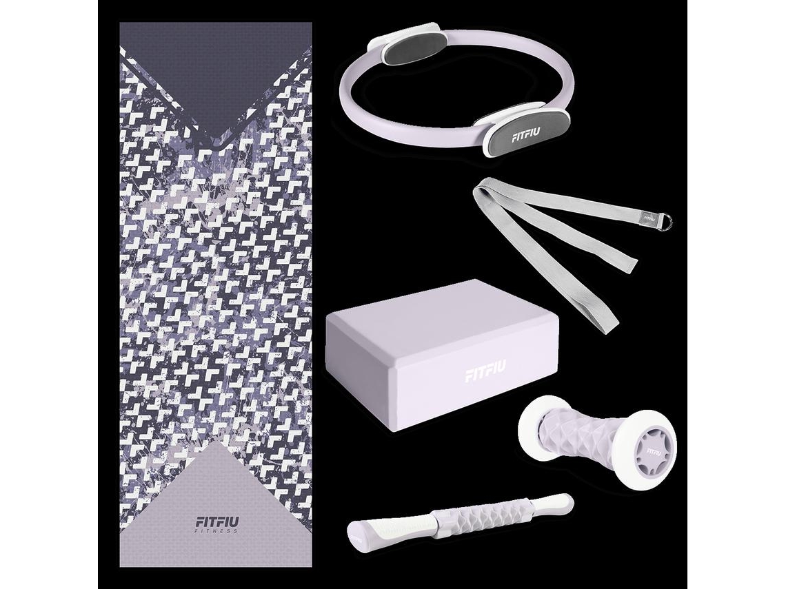 Kit 6 Accesorios Yoga Y Pilates FITFIU FITNESS Kitwell-601 Lila, Colchoneta, Aro, Bloque, Correa Ejercicio, 2 Masajeadores